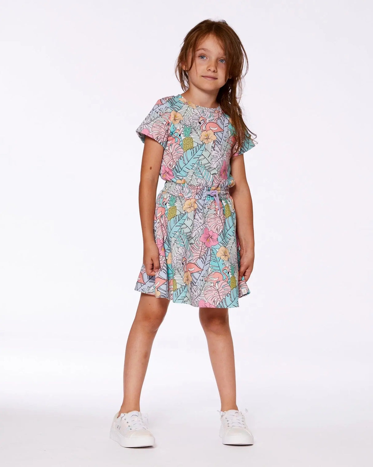 Printed French Terry Dress Lilac Tropical And Pink Flamingos | Deux par Deux | Jenni Kidz