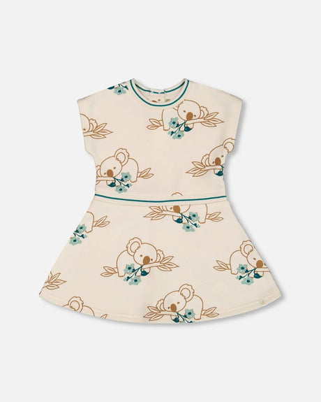 Printed French Terry Dress Off-White And Koala | Deux par Deux | Jenni Kidz