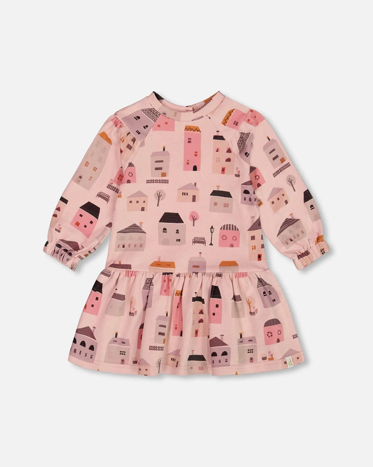 Printed French Terry Dress Pink And Coral Houses | Deux par Deux | Jenni Kidz