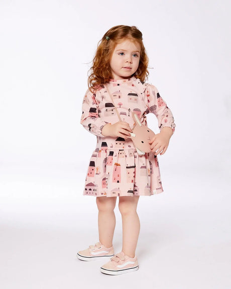 Printed French Terry Dress Pink And Coral Houses | Deux par Deux | Jenni Kidz