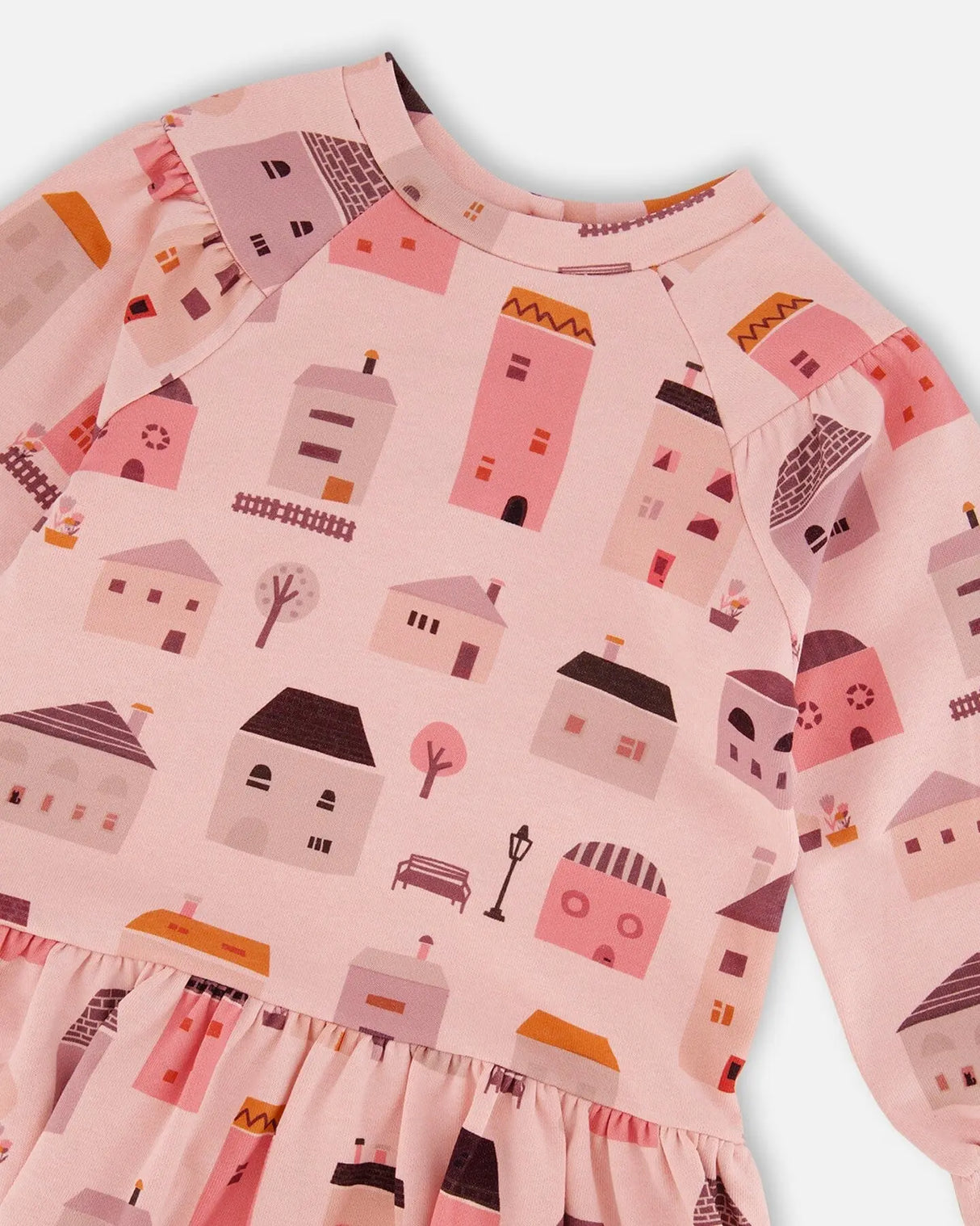 Printed French Terry Dress Pink And Coral Houses | Deux par Deux | Jenni Kidz