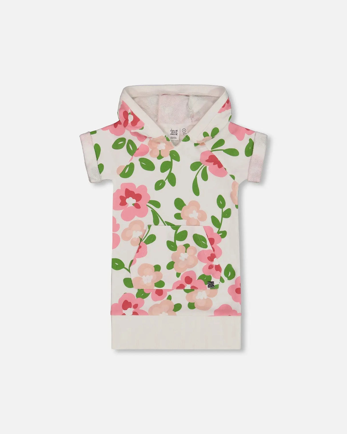 Printed French Terry Hooded Dress Pink Flowers On White Background | Deux par Deux | Jenni Kidz