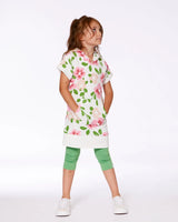 Printed French Terry Hooded Dress Pink Flowers On White Background | Deux par Deux | Jenni Kidz