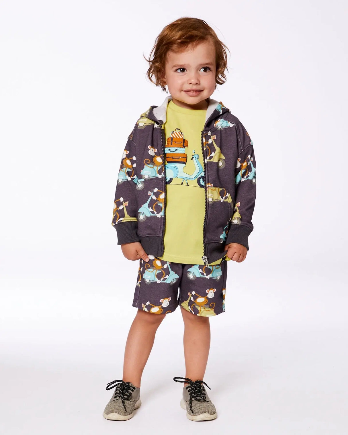 Printed French Terry Hooded Full Zip Cardigan Sweatshirt Monkey On Navy Moped | Deux par Deux | Jenni Kidz