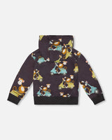 Printed French Terry Hooded Full Zip Cardigan Sweatshirt Monkey On Navy Moped | Deux par Deux | Jenni Kidz