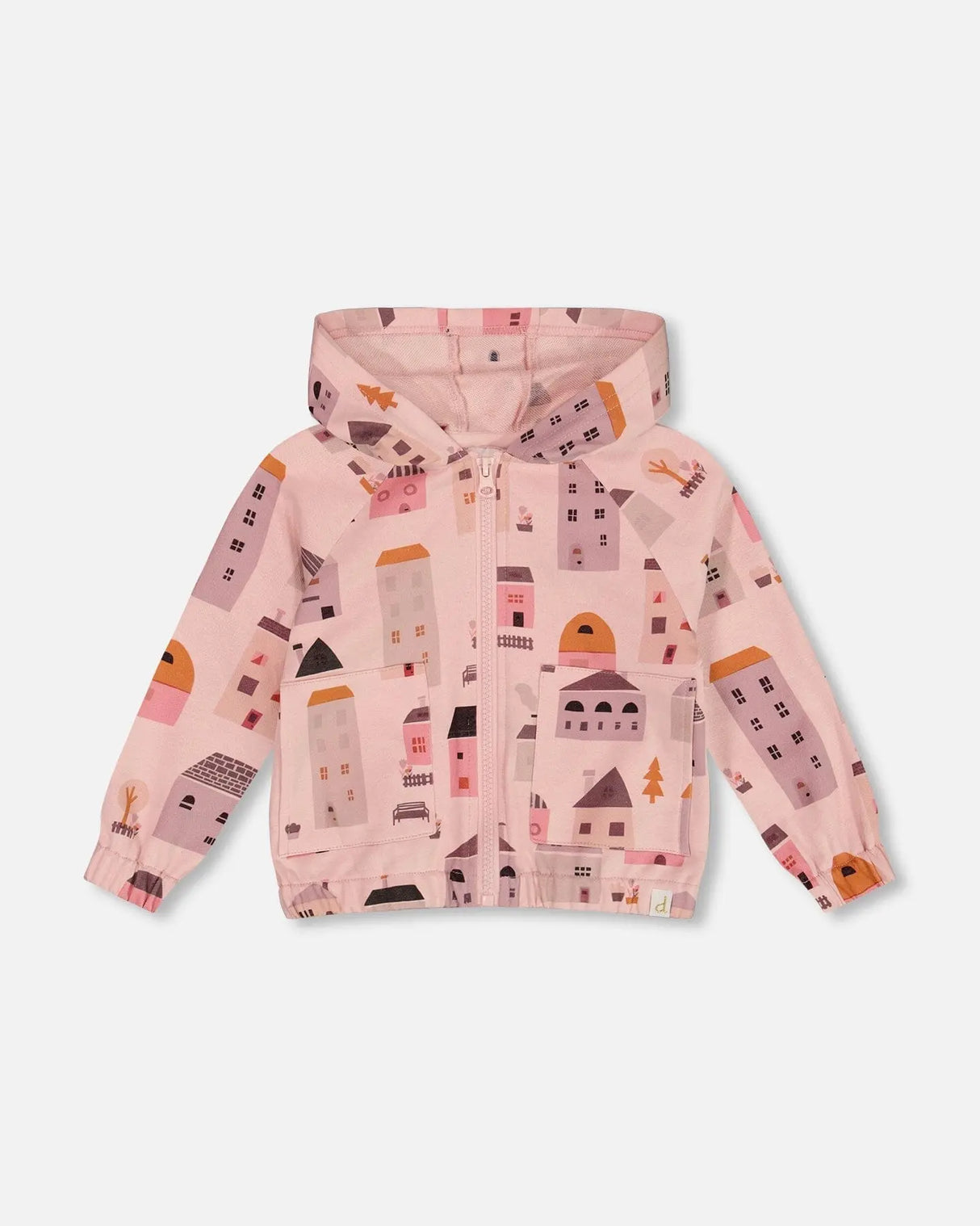 Printed French Terry Hoodie Cardigan Pink And Coral Houses | Deux par Deux | Jenni Kidz