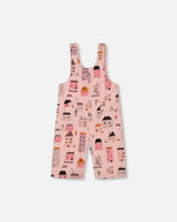 Printed French Terry Overalls Pink And Coral Houses | Deux par Deux | Jenni Kidz