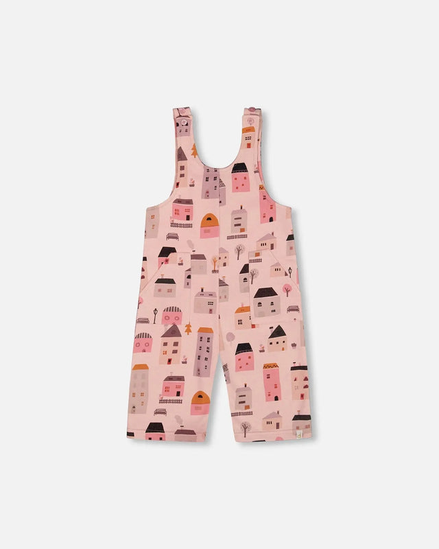 Printed French Terry Overalls Pink And Coral Houses | Deux par Deux | Jenni Kidz