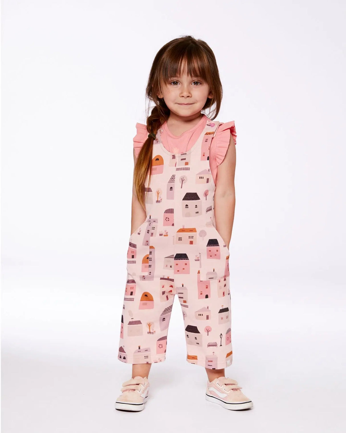 Printed French Terry Overalls Pink And Coral Houses | Deux par Deux | Jenni Kidz