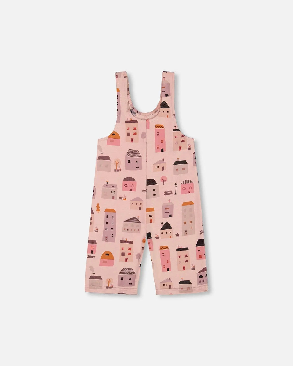 Printed French Terry Overalls Pink And Coral Houses | Deux par Deux | Jenni Kidz