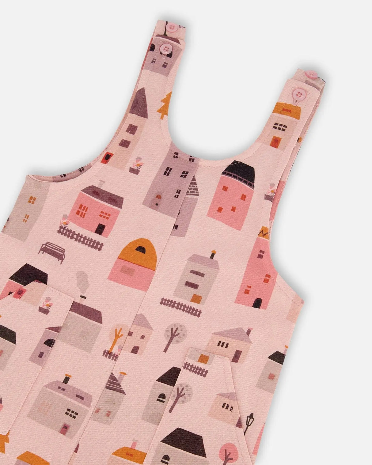 Printed French Terry Overalls Pink And Coral Houses | Deux par Deux | Jenni Kidz