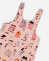 Printed French Terry Overalls Pink And Coral Houses | Deux par Deux | Jenni Kidz