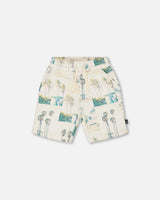 Printed French Terry Short Beige Palm Tree And Teal | Deux par Deux | Jenni Kidz