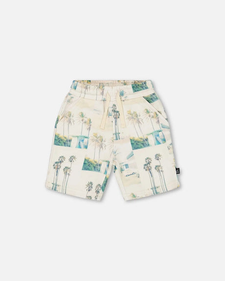 Printed French Terry Short Beige Palm Tree And Teal | Deux par Deux | Jenni Kidz