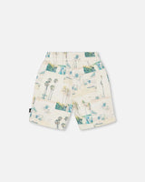 Printed French Terry Short Beige Palm Tree And Teal | Deux par Deux | Jenni Kidz