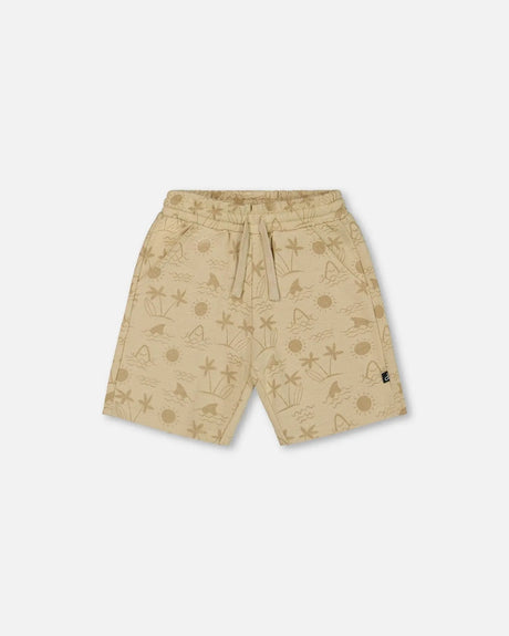 Printed French Terry Short Beige With Palm Trees | Deux par Deux | Jenni Kidz