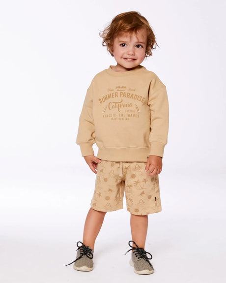 Printed French Terry Short Beige With Palm Trees | Deux par Deux | Jenni Kidz