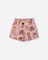 Printed French Terry Short Pink And Coral Houses | Deux par Deux | Jenni Kidz