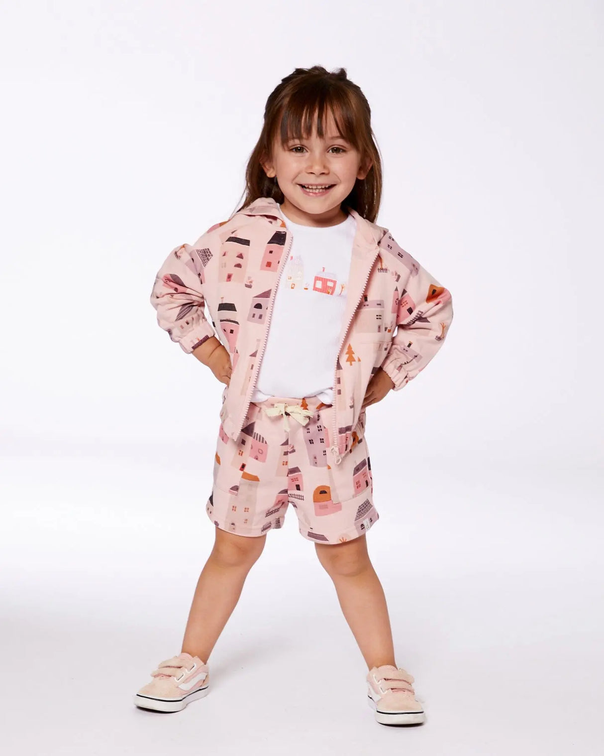 Printed French Terry Short Pink And Coral Houses | Deux par Deux | Jenni Kidz