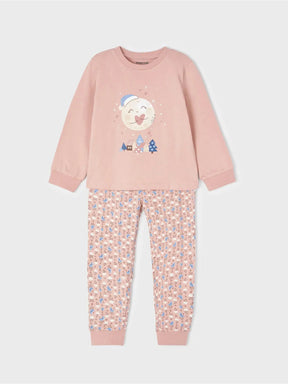 Mayoral girls pink printed pajama set in Rosado with long sleeve graphic top and matching printed pants.