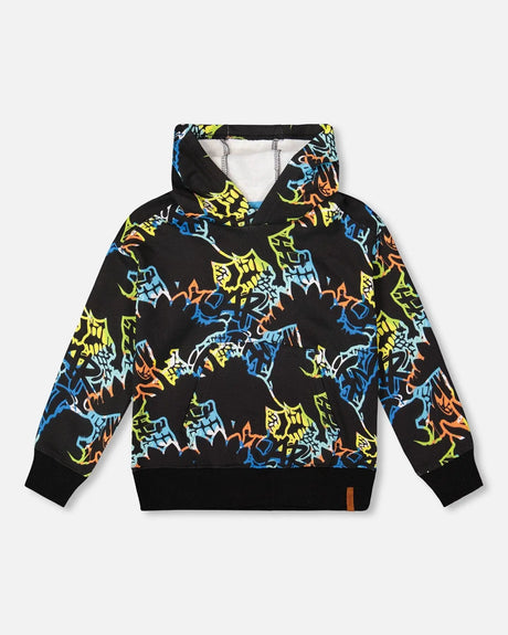 Printed Hooded Fleece Sweatshirt Black | Deux par Deux | Jenni Kidz