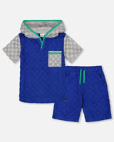 Printed Hooded Terry Top And Shorts Set Blue And Gray | Deux par Deux | Jenni Kidz