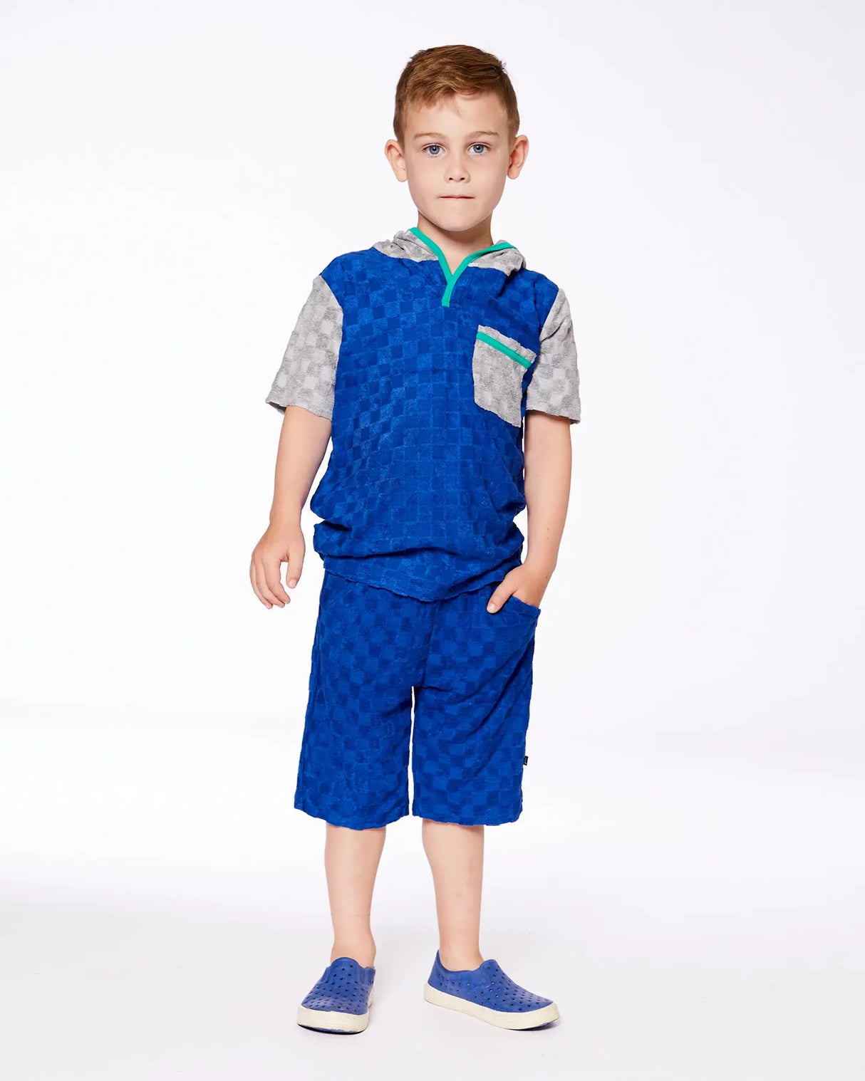 Printed Hooded Terry Top And Shorts Set Blue And Gray | Deux par Deux | Jenni Kidz