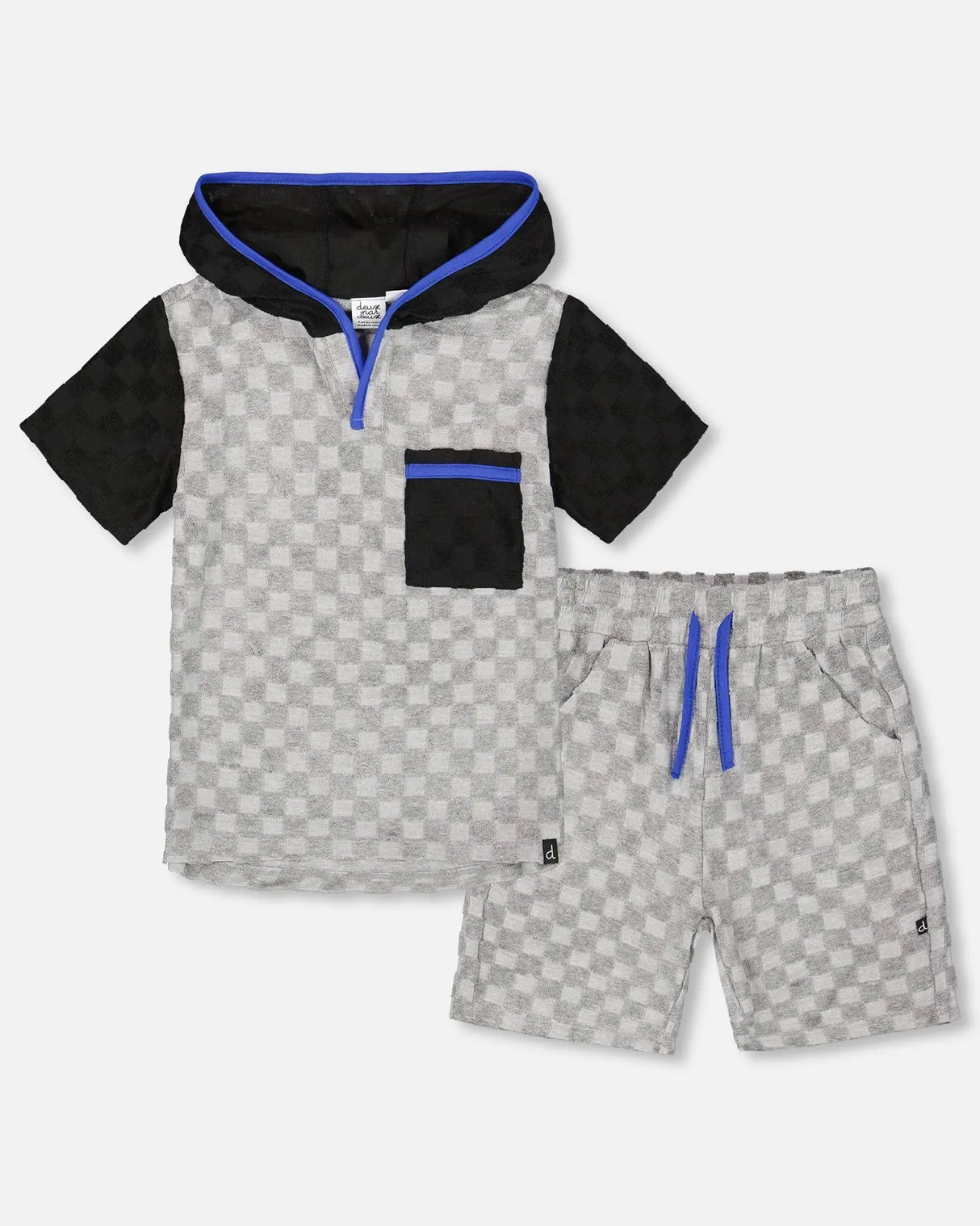 Printed Hooded Terry Top And Shorts Set Gray And Black | Deux par Deux | Jenni Kidz