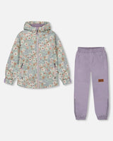 Printed Jacket Two-Piece Mid-Season Outerwear Set Small White Flowers On Turquoise And Lilac. | Deux par Deux | Jenni Kidz