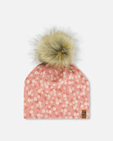 Printed Jersey Detachable Pompom Hat Small White Flowers On Pale Pink | Deux par Deux | Jenni Kidz