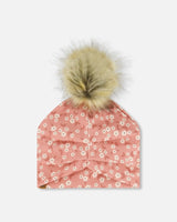 Printed Jersey Detachable Pompom Hat Small White Flowers On Pale Pink | Deux par Deux | Jenni Kidz