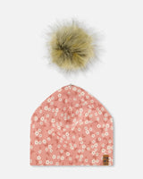 Printed Jersey Detachable Pompom Hat Small White Flowers On Pale Pink | Deux par Deux | Jenni Kidz