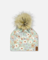 Printed Jersey Detachable Pompom Hat Small White Flowers On Turquoise And Lilac | Deux par Deux | Jenni Kidz