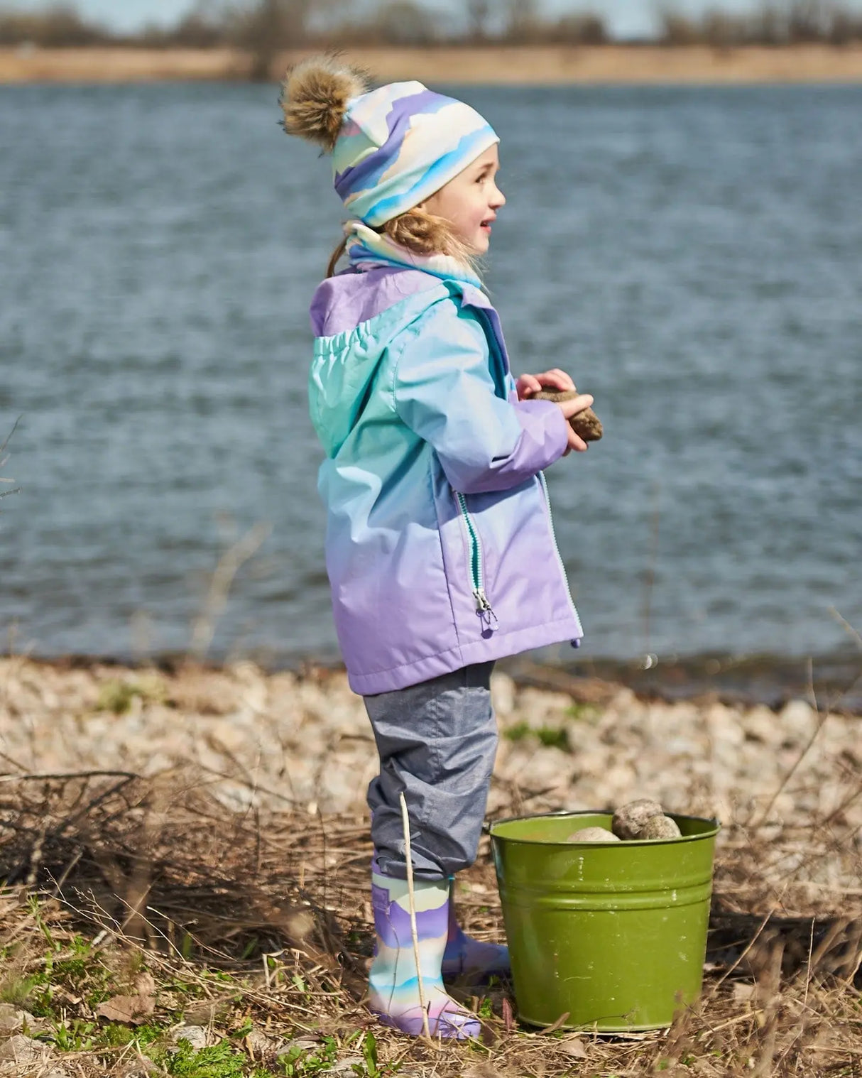 Printed Jersey Detachable Pompom Hat Small White Flowers On Turquoise And Lilac | Deux par Deux | Jenni Kidz