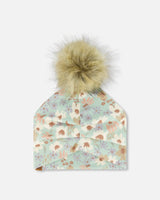 Printed Jersey Detachable Pompom Hat Small White Flowers On Turquoise And Lilac | Deux par Deux | Jenni Kidz