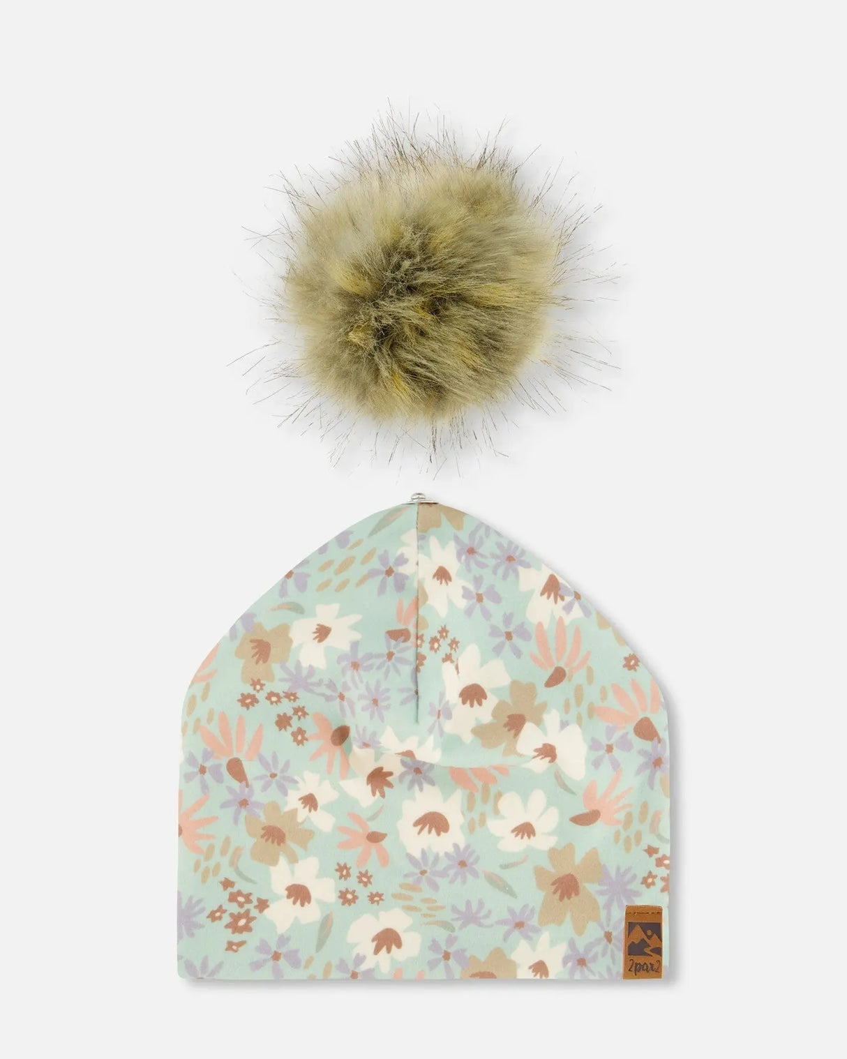 Printed Jersey Detachable Pompom Hat Small White Flowers On Turquoise And Lilac | Deux par Deux | Jenni Kidz