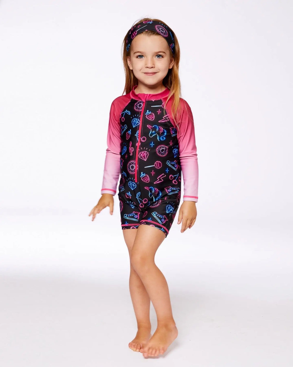 Printed Long Sleeve One-Piece Rashguard Black And Blue And Pink Items | Deux par Deux | Jenni Kidz