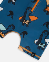 Printed Long Sleeve One-Piece Rashguard Orange Sloths On Navy Blue | Deux par Deux | Jenni Kidz