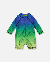 Printed Long Sleeve One-Piece Rashguard Vibrant Blue And Green Dino | Deux par Deux | Jenni Kidz