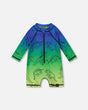 Printed Long Sleeve One-Piece Rashguard Vibrant Blue And Green Dino | Deux par Deux | Jenni Kidz