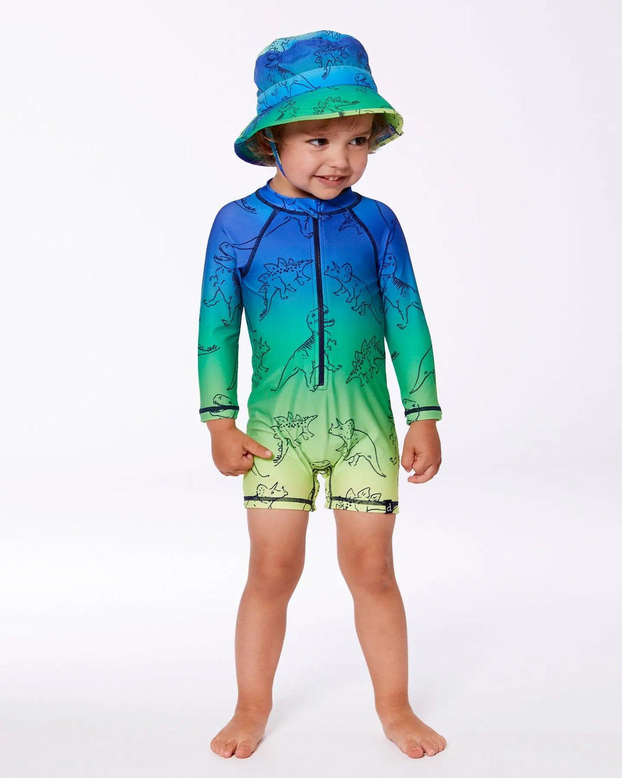 Printed Long Sleeve One-Piece Rashguard Vibrant Blue And Green Dino | Deux par Deux | Jenni Kidz