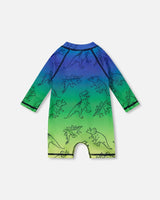 Printed Long Sleeve One-Piece Rashguard Vibrant Blue And Green Dino | Deux par Deux | Jenni Kidz