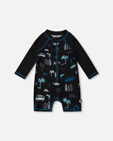 Printed Long Sleeve Rashguard Light Blue Beach On Black | Deux par Deux | Jenni Kidz