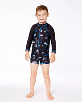 Printed Long Sleeve Rashguard Light Blue Beach On Black | Deux par Deux | Jenni Kidz