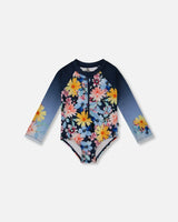 Printed Long Sleeve Rashguard Navy And Yellow And Pink Flowers | Deux par Deux | Jenni Kidz