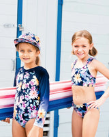 Printed Long Sleeve Rashguard Navy And Yellow And Pink Flowers | Deux par Deux | Jenni Kidz