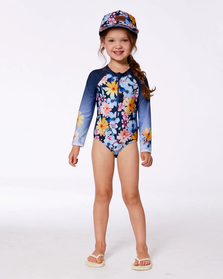 Printed Long Sleeve Rashguard Navy And Yellow And Pink Flowers | Deux par Deux | Jenni Kidz