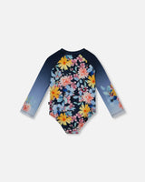 Printed Long Sleeve Rashguard Navy And Yellow And Pink Flowers | Deux par Deux | Jenni Kidz