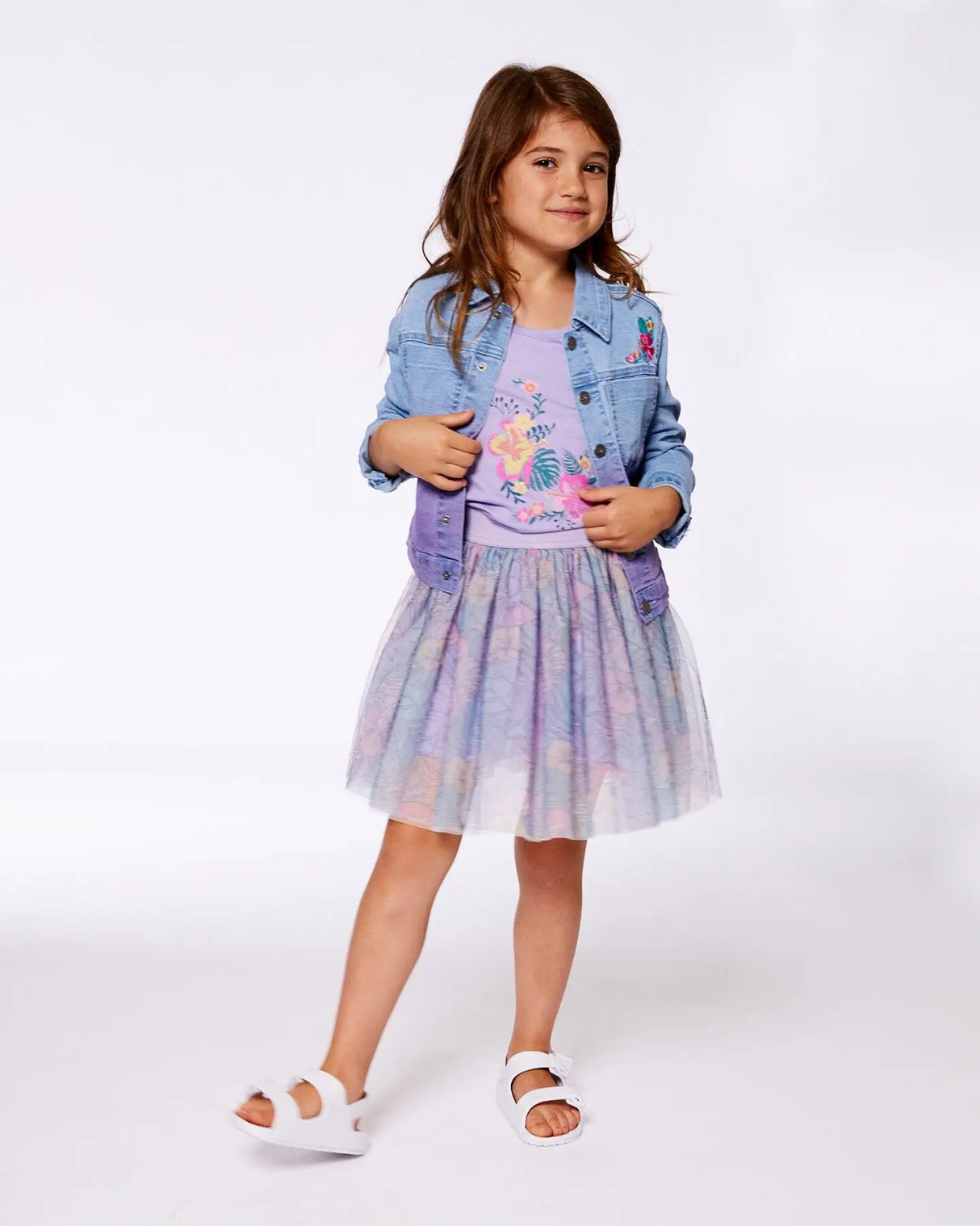 Printed Mesh Skirt Lilac Tropical And Pink Flamingos | Deux par Deux | Jenni Kidz