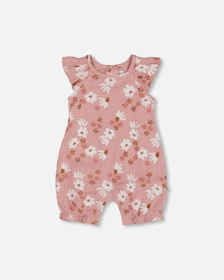 Printed Muslin Romper Pink And White Flowers | Deux par Deux | Jenni Kidz